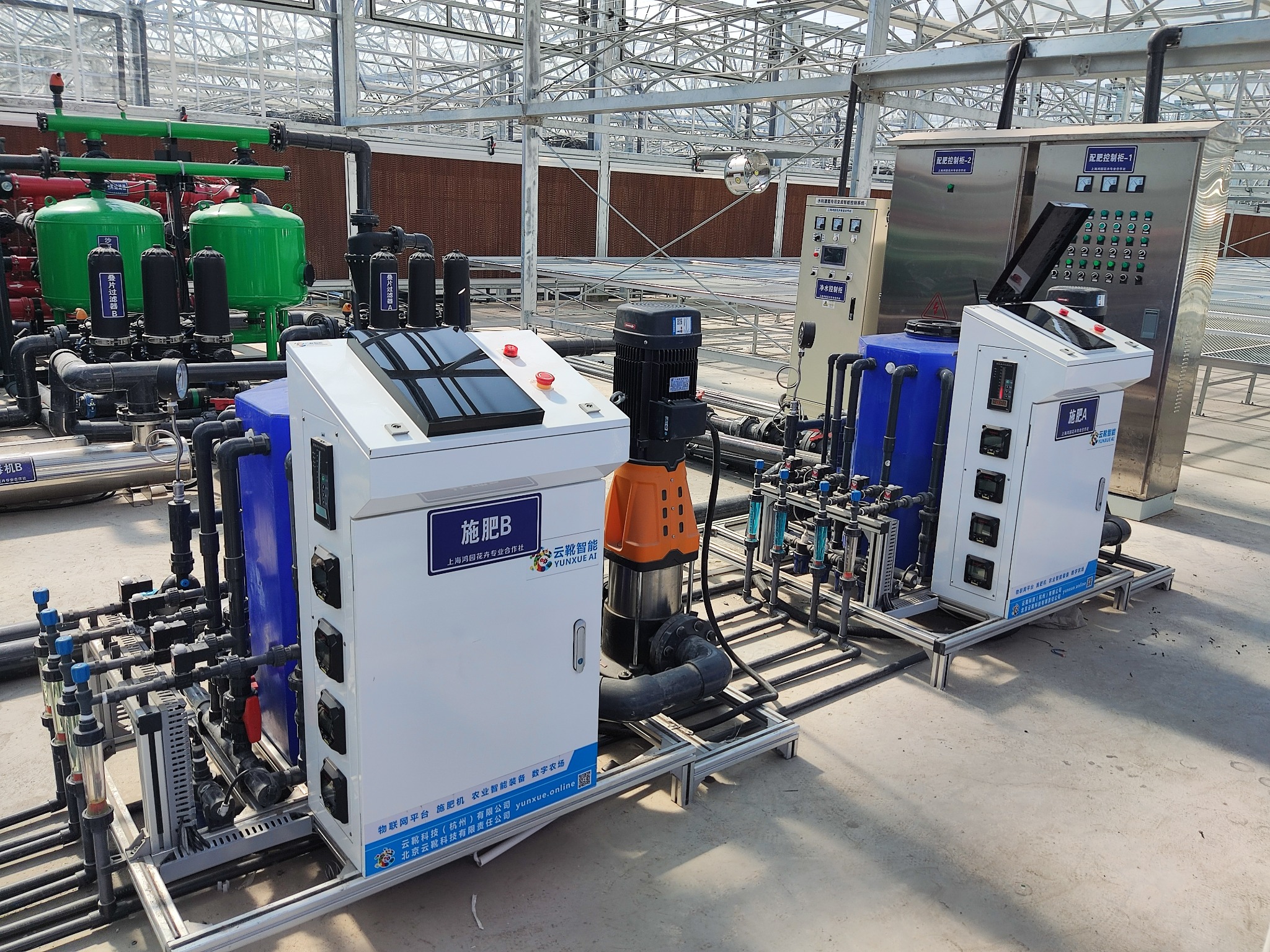 Multiple fertigation units installed with pumps and irrigation equipment